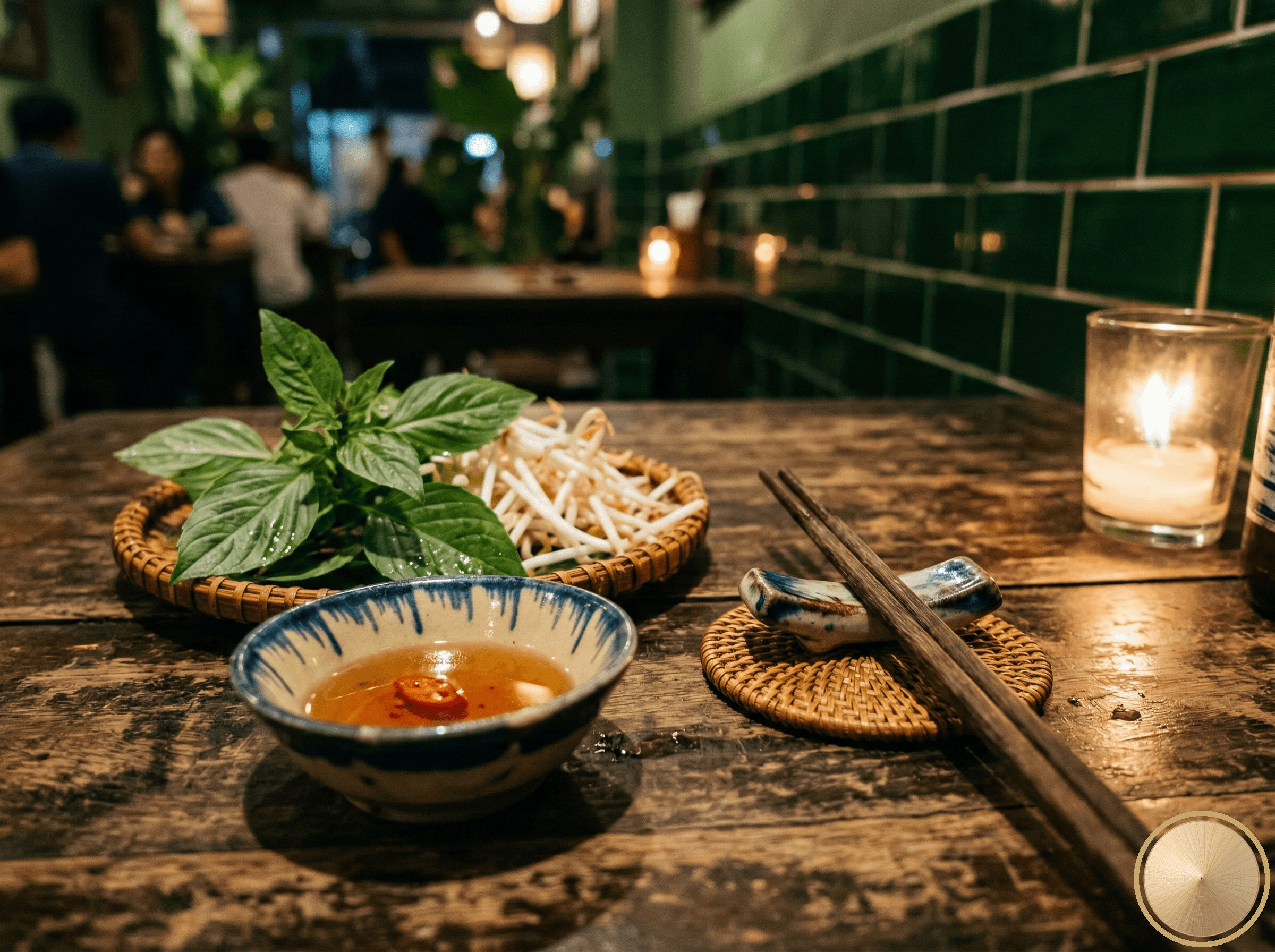 Tischdetail im Bà Nội — frische Kräuter, Nuoc Cham, Kerze